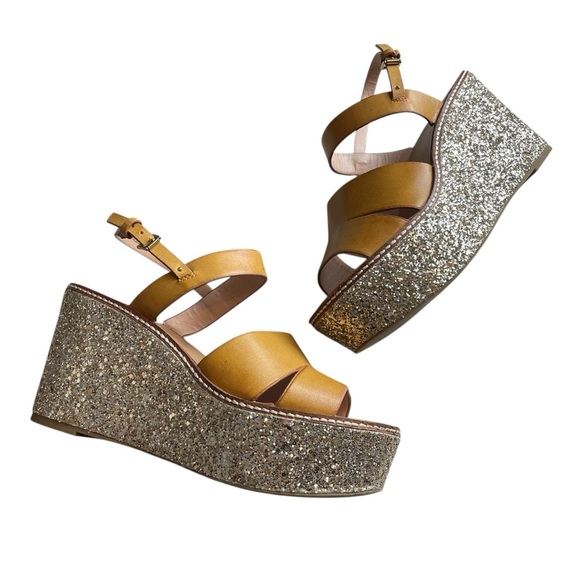 ALDO Gold Glitter Platform Wedge Sandals Ankle Strap Mustard Yellow Sz 10 - Picture 2 of 8
